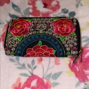 Embroidered Black Floral Zip Wallet - Vibrant Pink & Red Accent